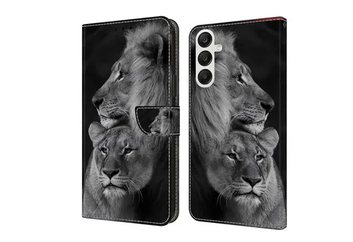 CLM-Tech Handytasche für Samsung Galaxy A16 / A17 5G Hülle aus PU Leder Klapphülle (Löwe in schwarz grau, Handyhülle mit Standfunktion - Wallet Flip Case inklusive Kartenfächer), Cover mit Magnetverschluss