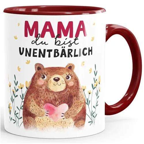 SpecialMe® Kaffee-Tasse Muttertag lustig Spruch Mama du bist unentbärlich Bär Geschenk Geburtstag Mutter Weiss-innen-bordeauxrot Keramik-Tasse