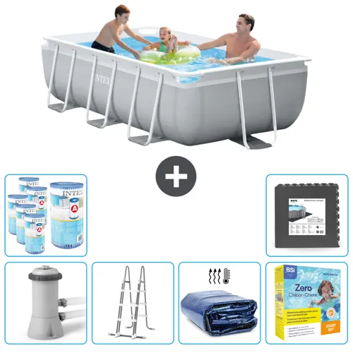 Intex Rechteckiges Prisma-Rahmen-Schwimmbecken – 300 x 175 x 80 cm – Grau – inklusive Pumpe – Leiter Sonnensegel