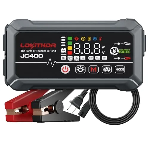 LOKITHOR JC400 9-in-1 Batterieladegerät und Starthilfegerät, 2500A 12V für Autos bis 8,5L Benzin/6,5L Diesel, 750mA/1 A/2 A, 6V/12V Autobatterie-Erhaltungsladegerät, Erhaltungsladegerät und Desulfator