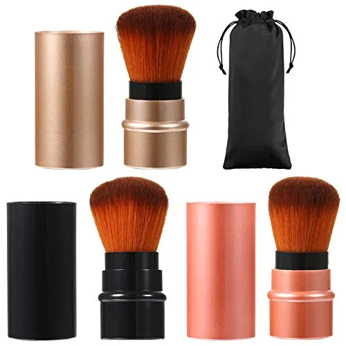 JewelryWe 3 Stück Einziehbarer Kabuki Pinsel mit besonders weichem Synthetik-Haar, für Make-Up Puder Produkte, retractable brush