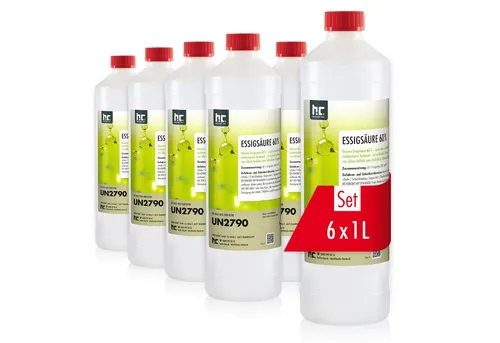 Höfer Chemie 6x 1 L Essigsäure 60% - Reinigungsmittel für vielseitige Anwendungen im Haushalt - hochkonzentrierte Essigsäure entfernt Kalk, Rost und Gerüche effektiv und ist 100% biologisch abbaubar.