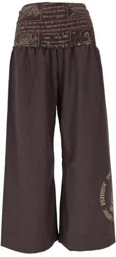 GURU SHOP Weite Marlenehose - Buddha Wellnesshose für Damen - Yoga-Hose aus Baumwolle mit weitem Bein und breitem Bund, ideal für Yoga und Freizeit. Der Mantradruck und die Buddha-Applikation verleihen ihr einen einzigartigen Boho-Style.