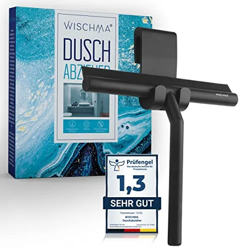 WISCHMA Duschabzieher aus Silikon, schwarz – Abzieher für Dusche mit Halterung ohne Bohren, Edelstahl-Kern, Glasabzieher streifenfrei für Glas, Spiegel und Fliesen