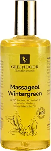 GREENDOOR Bio Massageöl Wintergreen 100ml, frischer natürlicher Minze Duft, Sport Massage Öl zur Regeneration & Muskelentspannung, Naturkosmetik für Rücken Nacken Schulter, Sportmassage Bio Jojobaöl