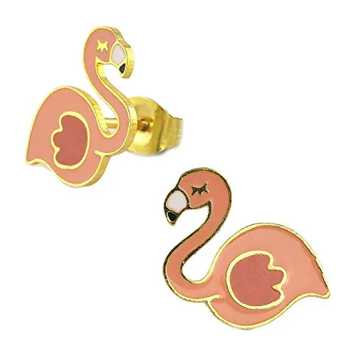 Monkimau Mädchen Ohrringe Flamingo Ohrstecker aus Messing 18k Gold plattiert