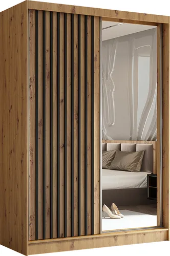 cm Kleiderschrank Erika mit Lamellen und Spiegel inklusive 2 Schiebetüren Schwebetürenschrank Kleiderstange Garderobe Lieferung bis in die Wohnung (Farbe: Artisan, Artisan, Lamelle schwarz) 150