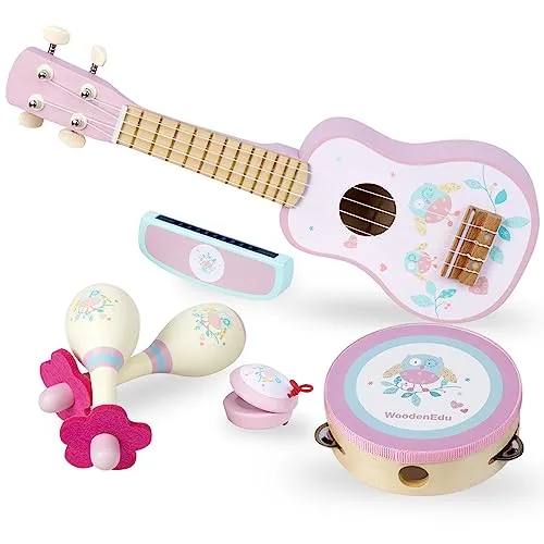 WOODENFUN Kinder Gitarre für Mädchen, Holz Musikinstrumente Spielzeug mit Ukulele, Tamburin, Maracas, Harmonika, Mini Band Sets für Kleinkinder 2 3 Jahre alt Geburtstagsgeschenk(Rosa)