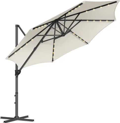 SONGMICS Ampelschirm mit LED-Beleuchtung, ∅300cm, 360° drehbar, UPF 50+ - Sonnenschirm mit 28 Solar-LED-Leuchten für romantische Abende, 360° drehbar und stufenlos neigbar für optimalen Schatten. Ideal für Garten und Terrasse.
