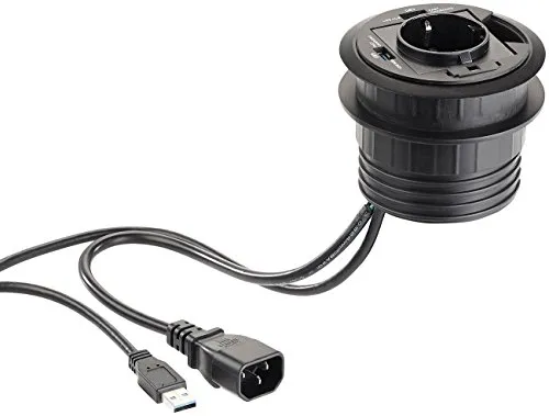 revolt USB Hub Tisch versenkbar: Aktiver 2-fach-USB-3.0-Hub für Tisch-Einbau, mit Steckdose, 80 mm (Steckdose versenkbar, USB Einbaudose, Steckdosenleiste)