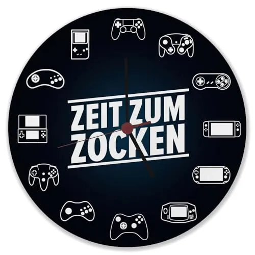 speecheese Zeit zum Zocken Verschiedene Controller Wanduhr Uhr für Zocker und Konsolennerds mit diversen Spielekonsolen und Controllern als außergewöhnliche Deko fürs Gamingzimmer