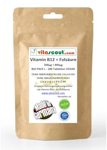 Vitamin B12 500µg + Folsäure 800µg – 180 Tabletten – Methylcobalamin & B9 – Vegan – Ohne Mikrokristalline Cellulose, Ohne Magnesiumstearat