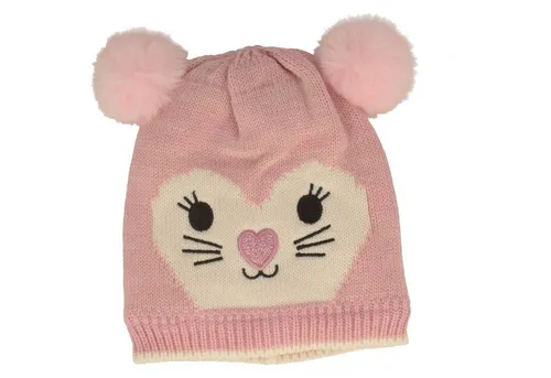 Breiter Strickmütze Kinder Maus-Motiv & zwei Bommeln