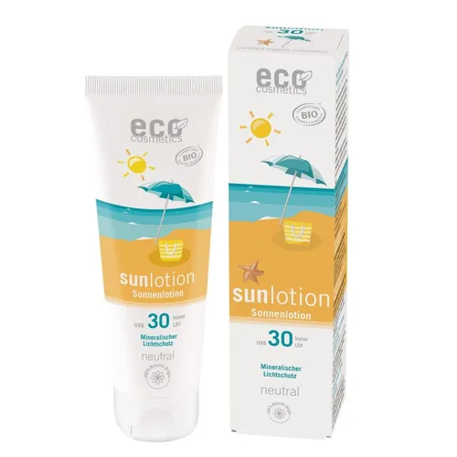 Eco Cosmetics Sonnenlotion neutral LSF30 - Sonnenpflege mit LSF 30, ideal für sensible Haut. Schützt vor UVA- und UVB-Strahlen mit mineralischem Zink Oxid und pflegt mit Bio Aloe Vera und Jojobaöl.