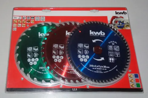 KWB Kreissägeblatt-Set Ø 210 x 30 mm 3 tlg. - Diamantsägeblätter für präzise Schnitte in Hart- und Weichholz. Mit farbcodierten Blättern für einfache Auswahl und langlebigen Wechselzähnen aus Spezial-Hartmetall.