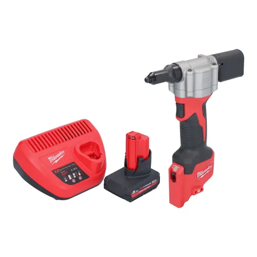 Milwaukee M12 BPRT-501 Akku Blindnietgerät 12 V mit 5 Ah Akku - Akku Blindnietgerät für kabellosen Einsatz, inklusive 1x 5 Ah Akku und Ladegerät. Ideal für präzise Arbeiten bei Zylinderstiften und Dübelstangen.