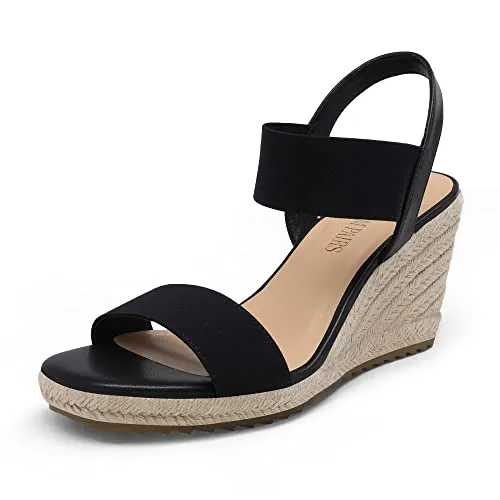DREAM PAIRS Damen-Espadrilles mit offener Zehenpartie, elegante Plateau-Sandalen zum Hineinschlüpfen, elastische Knöchelriemen, Keilabsatz-Sandalen,Size 40.5,Schwarz,SDPW222W