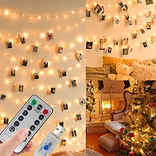 Jonurphy LED Fotoclips Lichterkette für Zimmer Deko,USB Oder Batterie Betrieben,10M 100LED Fotolichterkette mit Fernbedienung,8 Modi 50 Foto Clips für Wohnzimmer,Weihnachten,Hochzeiten