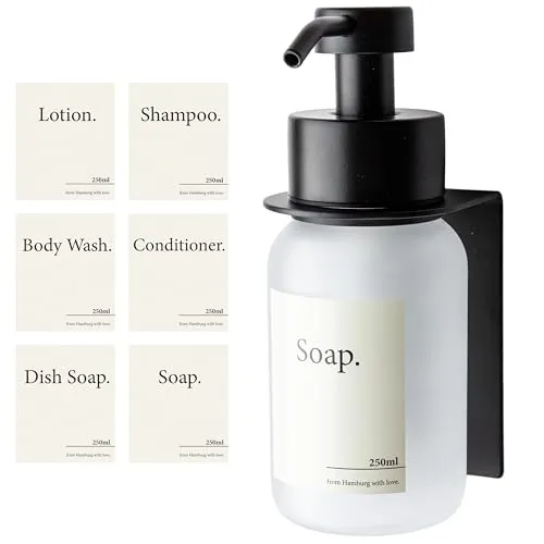 Designfabrik Hamburg Glas Seifenspender mit Wandhalterung - Stylischer Seifenspender aus Glas und Edelstahl, selbstklebend für einfache Montage. Ideal für Bad und Küche, reduziert Plastikmüll und spart Platz.