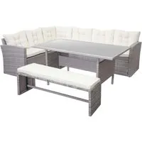 Poly-Rattan-Garnitur MCW-A29, Gartengarnitur Sitzgruppe Lounge-Esstisch-Set - Gartenmöbel-Set in hellgrau mit cremefarbenen Kissen, ideal für gemütliche Stunden im Freien. Wählen Sie zwischen 6, 8 oder 9 Sitzplätzen für Ihre Bedürfnisse.