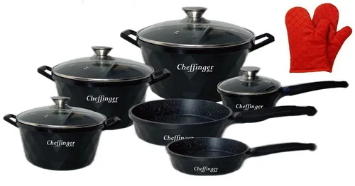 Cheffinger 12-teiliges Topf-Set mit Glasdeckel - Vielseitiges Kochgeschirr-Set aus Aluminiumdruckguss mit Marmorbeschichtung. Ideal für alle Herdarten, inklusive Induktion. Perfekte Wärmeverteilung und pflegeleicht für stressfreies Kochen.