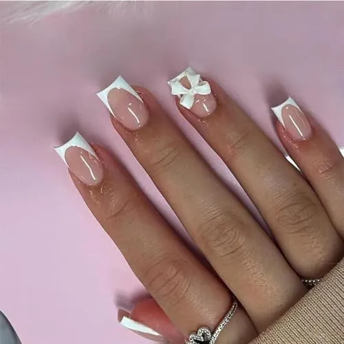 MouyouGlow Press on Nails Kurz, Square Nude Rosa Weiß French 3D Schleife