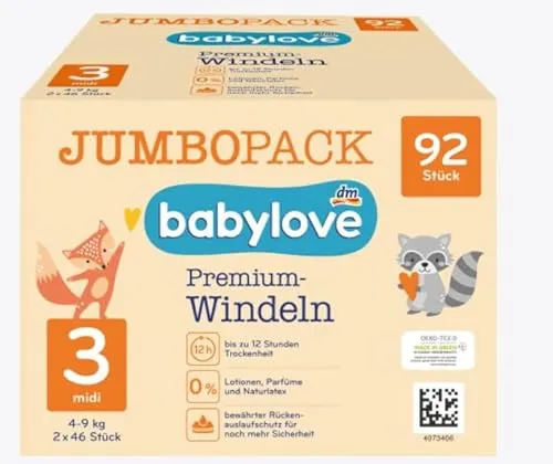 Produktbild Babylove Windeln Premium Gr. 3 Midi (4-9 kg) Jumbo Pack XL Paket 92 Stück