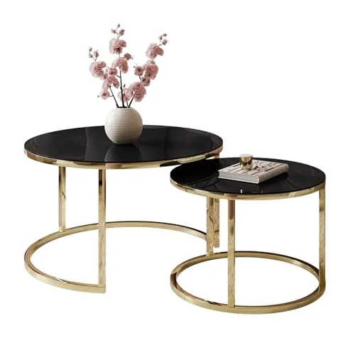 lukmebel Couchtisch rund 2er Set - CIRI Glass 2in1 - Beistelltisch rund - Kaffetisch - Industrial Deko - Deko Wohnzimmer - Kleiner Beistelltisch - Sofatisch - Kleiner Tisch - schwarzes Glass