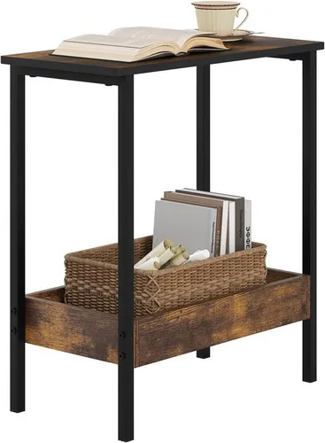 WOLTU Beistelltisch mit 2 Ablagen - Moderner Couchtisch aus robustem Metall und E1-Holzwerkstoff in rustikaler Braun-Optik. Doppellagiges Design bietet praktischen Stauraum für Bücher und Dekoration.