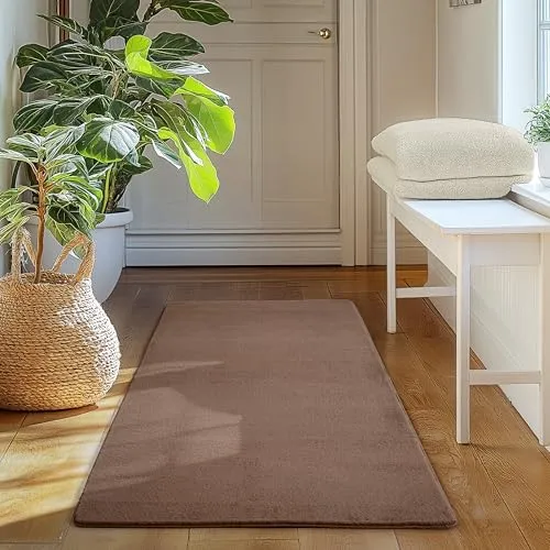 SIMPEX Läufer Teppich Braun 60x100 cm Kurzflor Teppich Waschbar, weich & rutschfest, modernes einfarbiges Design für Schlafzimmer, Küche & Flur