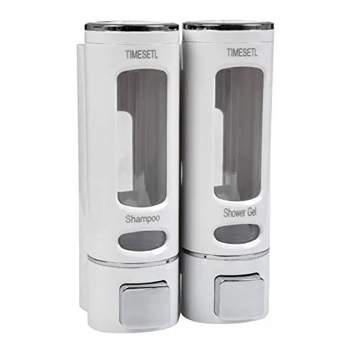 TIMESETL Dual Seifenspender Wandbefestigung Weiß, 400ML x 2 Manueller Wandmontage, Shampoospender Doppelt für Badezimmer, Küchen, Hotel