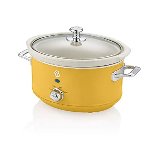 Swan Retro SF17021YELN Slow Cooker 3,5L Abnehmbarer Kochbehälter, PFOA- und PTFE-freier Keramischer Antihaft-Behälter, 3 Temperaturstufen, Glasdeckel, Vintage-Design, Gelb, 200W