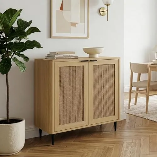 Sideboard 'Lukhomso' 83 x 80 x 40 cm in Eiche- und Rattanoptik