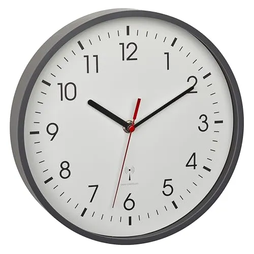 TFA Dostmann Analoge Funk-Wanduhr, 60.3550.10, Höchste Genauigkeit, stilvoll, analog, Glasabdeckung, für Büro, zu Hause, Geschenk, 245 x 245 x 42 mm, grau