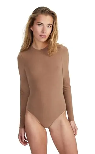 Style & Republic Langarm Body Damen aus Baumwolle, Samtig weich und Bequem Body-Shaper, Bodysuit mit Rundhalsausschnitt & Druckknopfverschluss, Holz, XL