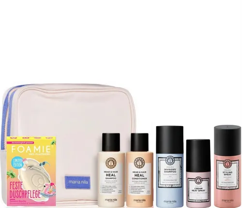 ARIA Kosmetik-Set Maria Nila Reiseset - Schminksets mit 6 Must-Haves für deinen Urlaub, inklusive einer stylischen Beauty-Bag und Produkten im Wert von 85€.