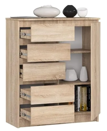 BDW - Kommode mit 5 Schubladen und 1 Tür - 80 cm breit, 97 cm hoch - Schrank, Sideboard, Mehrzweck-, Schuhschrank, Schubladenkommode, Aktenschrank - Wohn-, Schlafzimmer, Flur (Sonoma-Eiche)