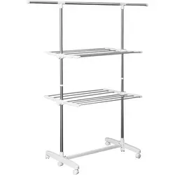 HOMCOM Ausziehbarer Turmwäscheständer mit Rollen - Praktischer Wäscheständer für Innen und Außen mit 3 Ebenen, höhenverstellbar und klappbaren Flügeln. Ideal für platzsparendes Trocknen mit einer Belastbarkeit von 15 kg.