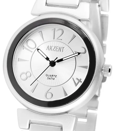 Damenuhr Armbanduhr Silber Schwarz Mattsilber ALU-Look Metallarmband von Akzent