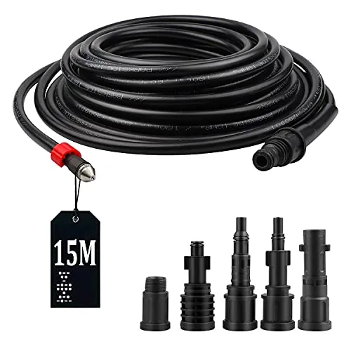 SWAWIS 15M Rohrreinigungsschlauch 180bar 60°C Rohrreinigungsset inkl 5 Adapter für Kärcher/Lavor/Interpump/Bosch Hochdruckreiniger, Abflussreiniger Schlauch Rohrreinigungsset