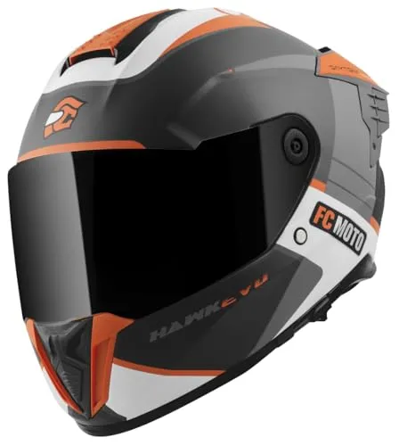 FC-Moto Hawk EVO-X Helm, schwarz matt/weiß/orange, L - Motorradhelm mit kratzfestem Polycarbonat-Visier, herausnehmbarem Futter und Sonnenvisier, ideal für Sicherheit und Komfort auf jeder Fahrt.