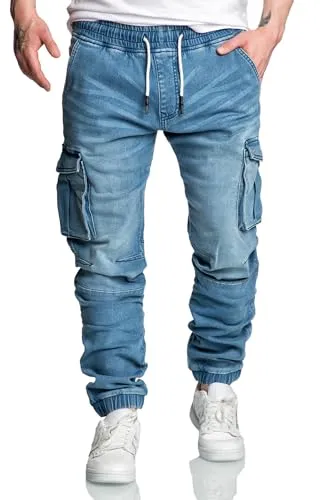 REPUBLIX Herren Sweathose in Stretch Denim Männer Cargo Jogging Jeans R7024 Hellblau W31