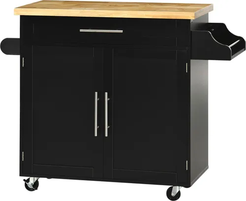 Küchenwagen Servierwagen Kücheninsel, 1 Gewürzregal, 1 Handtuchhalter, 109 cm x 40 cm x 89 cm, Schwarz