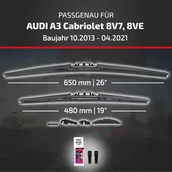 HEYNER Scheibenwischblätter für AUDI A3 Cabriolet (2013-2021) - Set mit 2 Wischern - Scheibenwischerblätter speziell für AUDI A3 Cabriolet, Baujahr 10.2013 bis 04.2021. Mit NANO-Graphit-Technologie für leises, streifenfreies Wischen und hervorragende Leistung bei allen Witterungsbedingungen.
