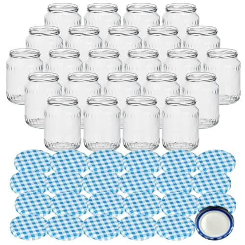 gouveo 24er Set Einmachgläser/Vorratsgläser 720 ml (0,72 l) Einmachglas 720 ml Facette Twist-Off Schraubdeckel Metall karo-blau BlueSeal TO 82 Sturzgläser zum Konservieren & Abfüllen (EGF720KBBS)