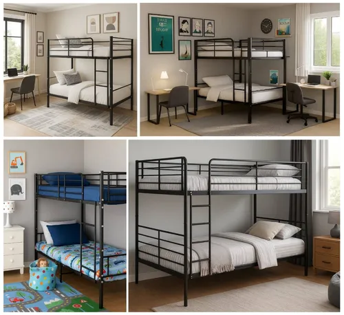 Hochbett Metall 200x100x150 - Etagenbett für Kinder und Erwachsene - Betten: Hochbett aus robustem Stahl, inklusive Schutzgeländer und Leiter, vielseitig als Einzelbetten nutzbar, ideal für platzsparende Lösungen im Kinderzimmer.