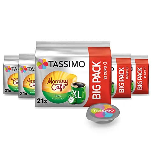 Tassimo Kapseln Morning Café Filter XL - 105 Kaffee Kapseln im Big Pack - Kaffeekapseln & Pads: 5er Big Pack mit 105 XL-T DISCs für einfachen Genuss - perfekt für alle Kaffeeliebhaber!