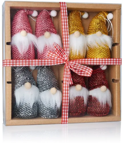 BRUBAKER Christbaumschmuck Weihnachtszwerge Set, Gnome (8-tlg), Holz Weihnachtsanhänger und Strick, 8 cm, Baumanhänger Zwerge, Deko
