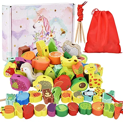 DealKits Fädelspiel ab 2 Jahren, 42 Stück Holzperlen, Montessori Geschenk | Fädelspiel mit Tier-, Obst- & Gemüsemotiven – fördert Feinmotorik & ist ein ideales Geburtstagsgeschenk für Kleinkinder.