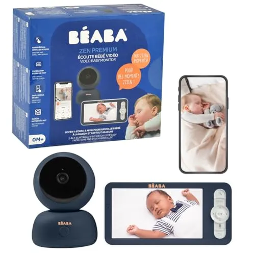 Béaba Babyphone, 2-in-1 Baby-Videomonitor, Bildschirm/Dedizierte Mobile App, HD-Kamera, 360° Drehung, Nachtsicht, Walkie-Talkie, Schlaflieder, Temperatur- und Feuchtigkeitskontrolle, Zen Premium Blau